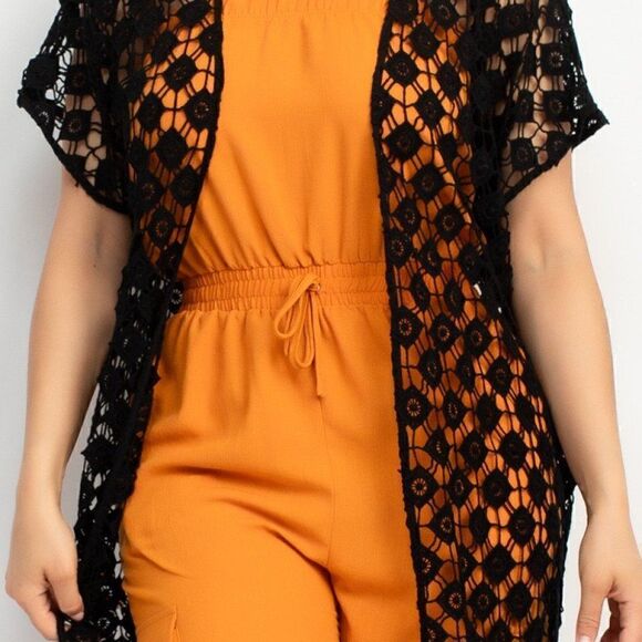 Crocheted open-front fringe black kimono‎ - Picture 3 of 5